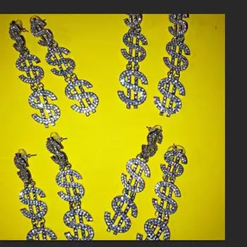 Elegent Stonefans Luxury Long Rhinestone Money Sign Drop Earrings for Women Shiny Crystal Dollar $ Letter Dangle Earrings Jewelry Gift Gold-color