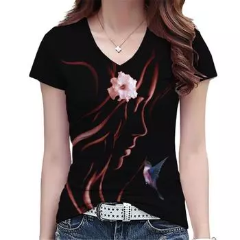 Element Elegant Girl Print Harajuka T shirts Women Versatile Pullover Short Sleeve Summer Casual T-shirt V-Neck Female Tops 6XL