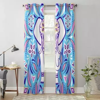 Elephant And Abstract Flowers On Blue Window Curtain For Kids Room Home Blinds Curtains For Living Room Bedroom Window Drapes 135W x 60H(cm) x1