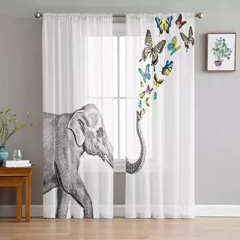 Слон и бабочка Винтажные прозрачные шторы для гостиной Вуаль занавеска спальня ванная комната Тюль занавески на окна 135W x 114H(cm)