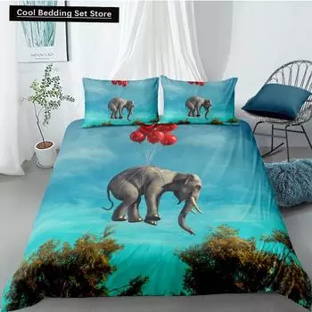 Elephant Duvet Cover King Queen Size Creative Animal Pattern Bedding Set for Kids Teens Adult Lovely Wildlife 2/3pcs Quilt Cover US Queen(228x228cm)