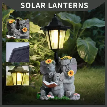 Elephant Outdoor Statue Animal Figurine with Solar Lights Crafts Decor Gift Lovely Ornament for