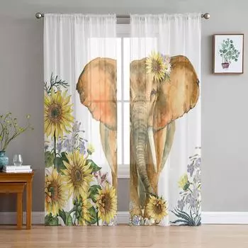 Elephant Sunflower Flower Window Treatment Tulle Modern Sheer Curtains for Kitchen Living Room the Bedroom Curtains Decoration W135 x H114cm
