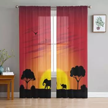 Elephant Sunset Tree Sheer Curtains for Living Room Transparent Tulle Window Treatments Bedroom Kitchen Home Decor Veil Drapes 135W x 114H(cm)