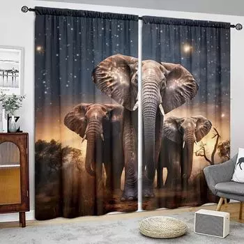Elephants under the starry sky Printed Curtain for Home Decor-Rod Pocket Window Treatment for Bedroom, Kitchen, Living Room 52.5cmX116cm X 2pcs