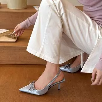 Elingstudio green wonderland! Satin pointed head bow high heels women s spring light mouth rear empty sandals 35 зелёный