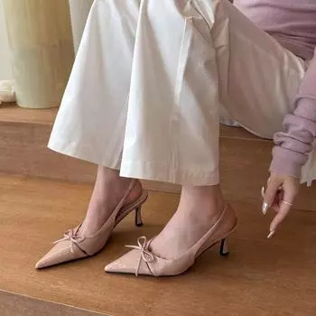 Elingstudio is so beautiful!! Nude pointed bow light mouth high heels women s spring empty sandals 35 розовый