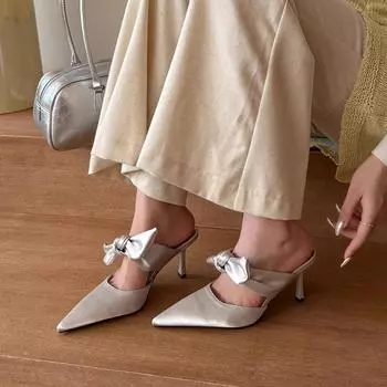 Elingstudio Nai White Premium! Satin pointed head bow Muller stilettos women s bag head half slippers 35 серебряный