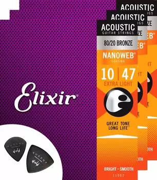 Elixir Elixir Бронзовые струны для акустической гитары, набор из 3 сверхлегких струн с покрытием Nanoweb, медиаторы Musent, пробный набор из 2 предметов 80/20 010-047 + 11002-3P