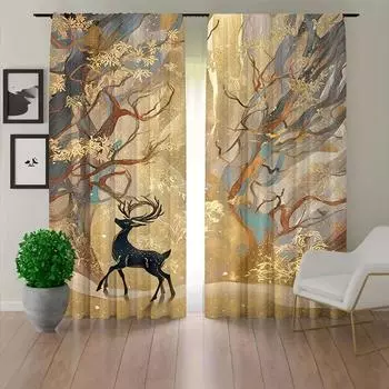 Elk Curtain Symbol Fortune Lucky Digital Print 3D Curtain Living Room Window Kitchen Curtain Bathroom Curtain Grommet Top 2PCS 2x50W100H(CM)&Grommet Top