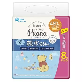 Elleair Puana Влажные салфетки чистая вода Сменный блок 480 листов x 8 [Без добавок] 99% (60 упаковок) Disney Design