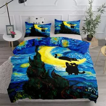 Ellen Poe Black Cat Starry Night Duvet Cover Set King Queen Double Full Twin Single Size Bed Set EU single(135x200cm)