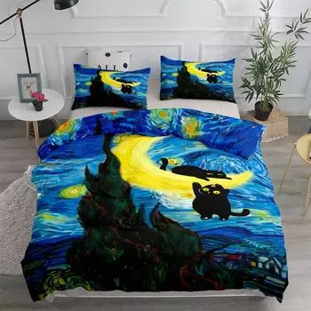 Ellen Poe Black Cat Starry Night Duvet Cover Set King Queen Double Full Twin Single Size Bed Set US King 264x228cm