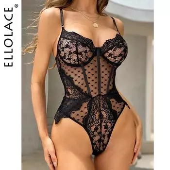 Ellolace Сексуальное нижнее белье Боди Прозрачное кружевное боди В горошек Сисси С открытой промежностью Бэбидолл Белый Эротическая фантазия Колготки Топы M