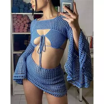Elsa Sexy Beach Bell Sleeve Knitting Suit Pure Desire Open Back Shoelace Bandeau Slim-Fit Sheath Sexy Three-Piece Set Blue S