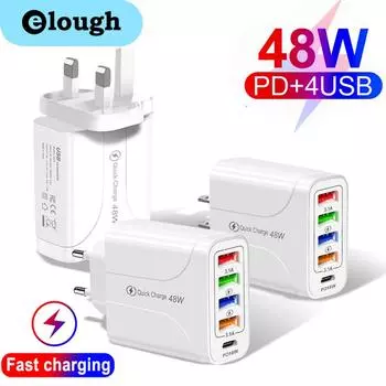Eluogh 48 Вт USB быстрое зарядное устройство 4-портовый адаптер зарядного устройства для iPhone 12 13 Pro Max Xiaomi телефон зарядное устройство ЕС/США/Великобритания Plug быстрый адаптер питания