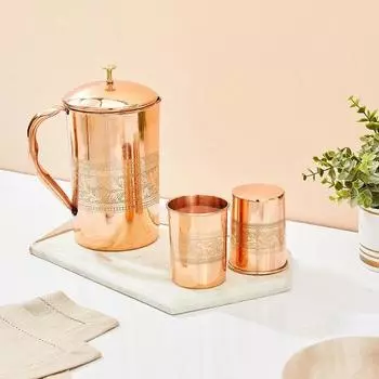 Кувшин из чеканной меди с 2 чеканными медными стаканами