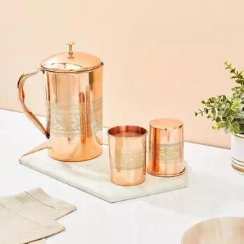 Embossed Copper Jug with 2 Embossed Glasses| 1350 ml | Copper