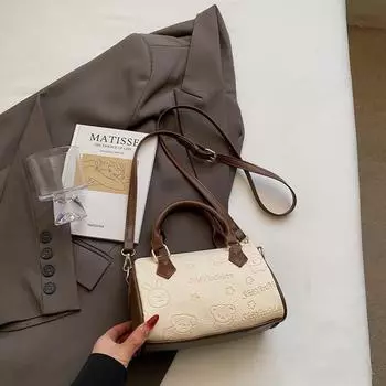 Embossed Handbag Boston Bag Women 2025 New Korean Style Versitile Fashion Messenger Bag High Sense Pillow Bag White with coffee without pendant