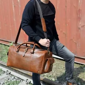 Кожаная спортивная сумка с тиснением ручной работы | Сумка выходного дня | Дорожная сумка для отпуска и праздников | Подарок для лучшего мужчины Подарок жениху | Подарки на День Святого Валентина 22 x 11 x 11 in коричневый