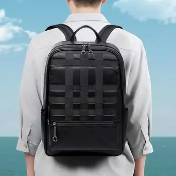 Тисненая мужская сумка из натуральной кожи, простой рюкзак, однотонный первый слой из коровьей кожи, многофункциональный компьютерный рюкзак для мужчин чёрный