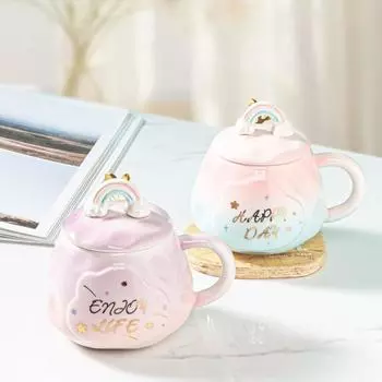 Embossed Rainbow Cartoon Mug Creative Gradient Cute Ceramic Water Cup Gift Office Couple Breakfast Cups Drinkware 360ML