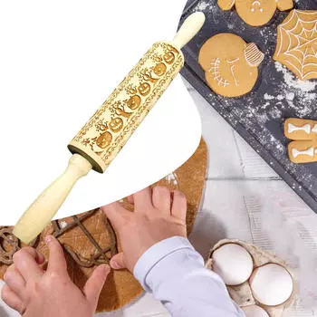 Embossed Rolling Pin Wooden Cookies Roller Fine Textured Holiday Halloween Themed Pumpkin