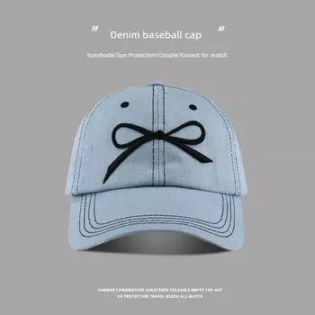 Embroider Bows Denim Baseball Cap Female Summer Outdoor Face-Showing Primary School Student Sun Protection Hat Fashion Casual Peaked Cap C3769 light blue M(56-58cm)