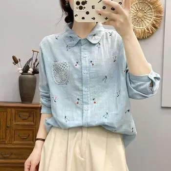 Embroider Long Sleeves Shirt Women s 2024 Artsy Fresh Sweet round Neck Lace Pocket Easiest for Match Double-Layer Yarn Shirt Light Blue(Long sleeves) M 49.00 kg-65.00 kg