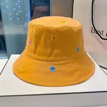 Embroider Sun Hat Big Brim Hat Spring and Summer Japanese All-Matching Fisherman Hat Female Pure Color Casual Versatile Trendy Sun Hat Embroider small flowers-Orange All yards