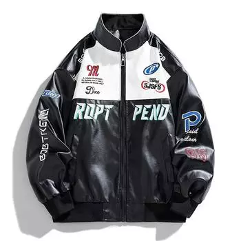 Вышитая цветная кожаная куртка с блоками Мужская куртка из искусственной кожи Stand Up XXXL