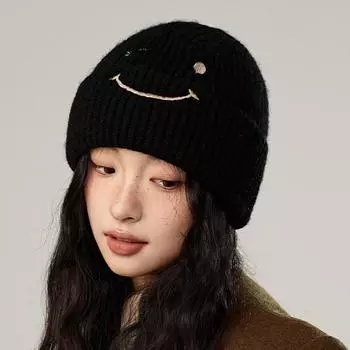 Embroidered Knitted Hat Women Autumn Winter Warm Wool Hat Big Head Circumference Outdoor Windproof Coldproof Hat бежевый
