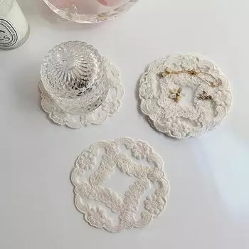 Embroidered Lace Coaster Placemat Vintage INS Craft Bowls Coffee Cups Coaster Table European Style Insulation Plate Mat as picture&Round