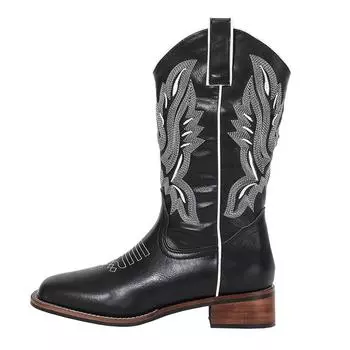 Embroidered leather western cowboy boots women s round head thick heel color matching medium boots retro black knight boots versatile boots 35