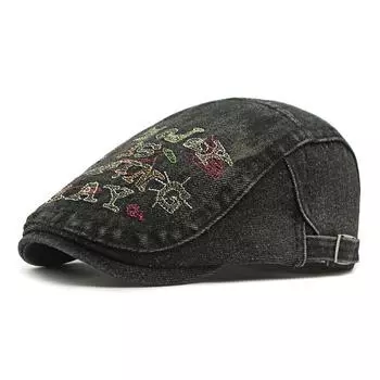 Embroidered Letter Denim Beret Women s British Peaked Cap Men Vintage Progressive Hat Painter S Cap чёрный