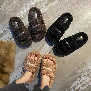 Embroidered letter fluffy slippers women s outer wear 2024 autumn and winter new outer wear thick-soled fluffy shoes piled cotton slippers 35 чёрный