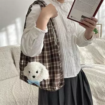 Вышитая плюшевая симпатичная сумка в клетку через плечо с изображением щенка, повседневная школьная сумка для класса белый