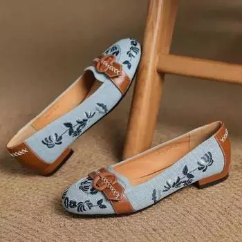 Embroidered Retro Round Toe Shallow Mouth Single Shoes Women s Colorblock Versatile Casual Embroidered Slip-On Flats 35 светло-синий