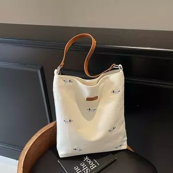 Embroidered Sausage Dog Canvas Bag Women Summer Large Capacity Underarm Commuter Bag All-Match Student Class Shoulder Tote Bag White