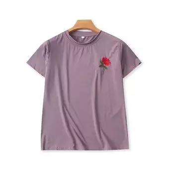 Embroidered Short sleeve T-shirt Women clothes Summer New Elastic Short T-shirt Fashion round Neck Top Embroidered Bottoming Shirt Smoky purple side Embroider M