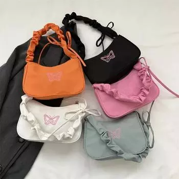 Embroidery Bowknot Shoulder Bag -Style Ruffle Handle Nylon Bow Tote Bag Makeup Lipstick Bag Handbag
