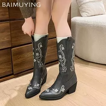 Embroidery Chunky Women High Boots Retro Pointed Toe Mid Heels Shoes 2025 Trend Winter Fad Classic Pumps Mid Calf Botas Mujer 35 серый