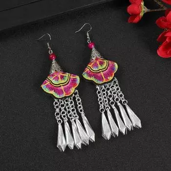 Embroidery fabric flower earrings long Miao silver fringed personalized earrings retro Miao Yunnan earrings women