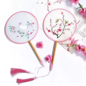 Embroidery Flower Portable Handheld Wooden Handle Fan Crafts Hand Fans Home Decor Dance Fan 23