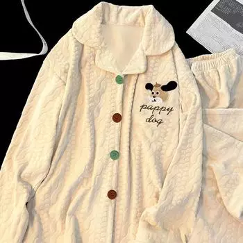 Embroidery Letter Cute Dog Pajamas Set Autumn Winter Vintage Pajamas Set for Women Casual Colourful Button Design Sleepwear M