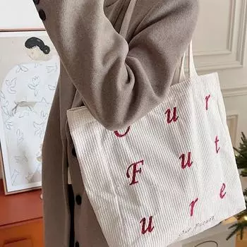 Embroidery letters future corduroy shoulder merard color scheme hand-held canvas bag women tote bag bag ярко-красный