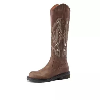 Embroidery V-mouth~ Western cowboy boots women s autumn and winter new rear zipper low heel high boots retro knight boots 35