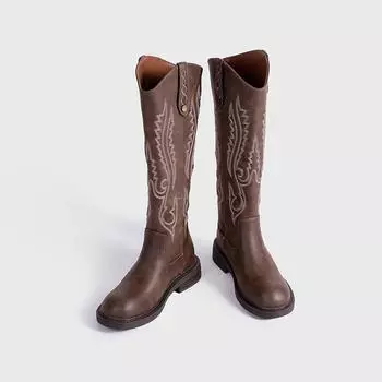 Embroidery V-mouth~ Western cowboy boots women s new rear zipper low heel high women s boots retro knight boots 35