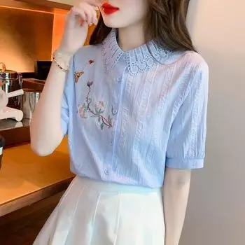 Вышивка женские блузки весна осень рубашки женские повседневные с длинным рукавом отложной воротник однотонные блузы XL белый