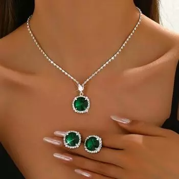 Emerald Full Diamond Square Set Necklace Earrings Jewelry Two-Piece Set